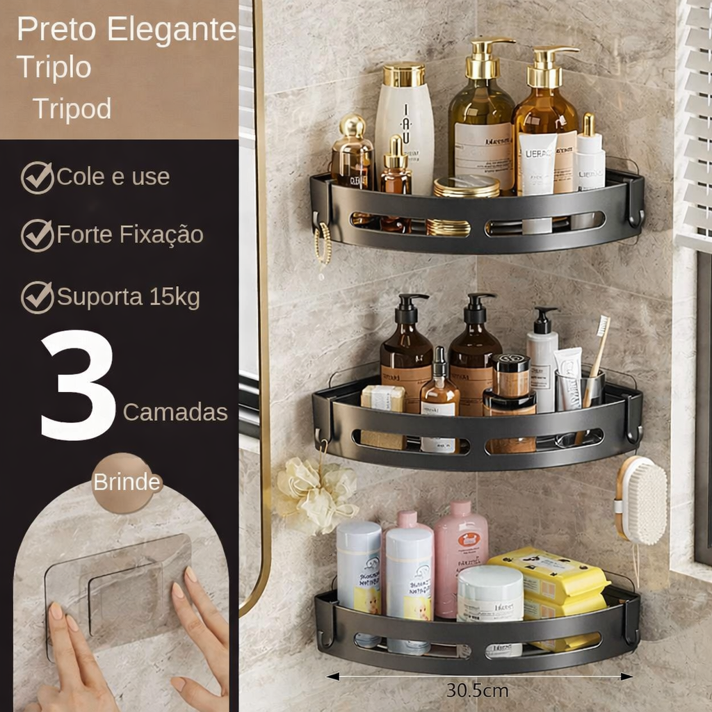 Prateleira organizadora de banheiro sem furo instalada no box com shampoos e sabonetes