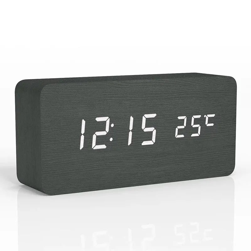 Despertador Digital de Madeira com LED e 3 Alarmes